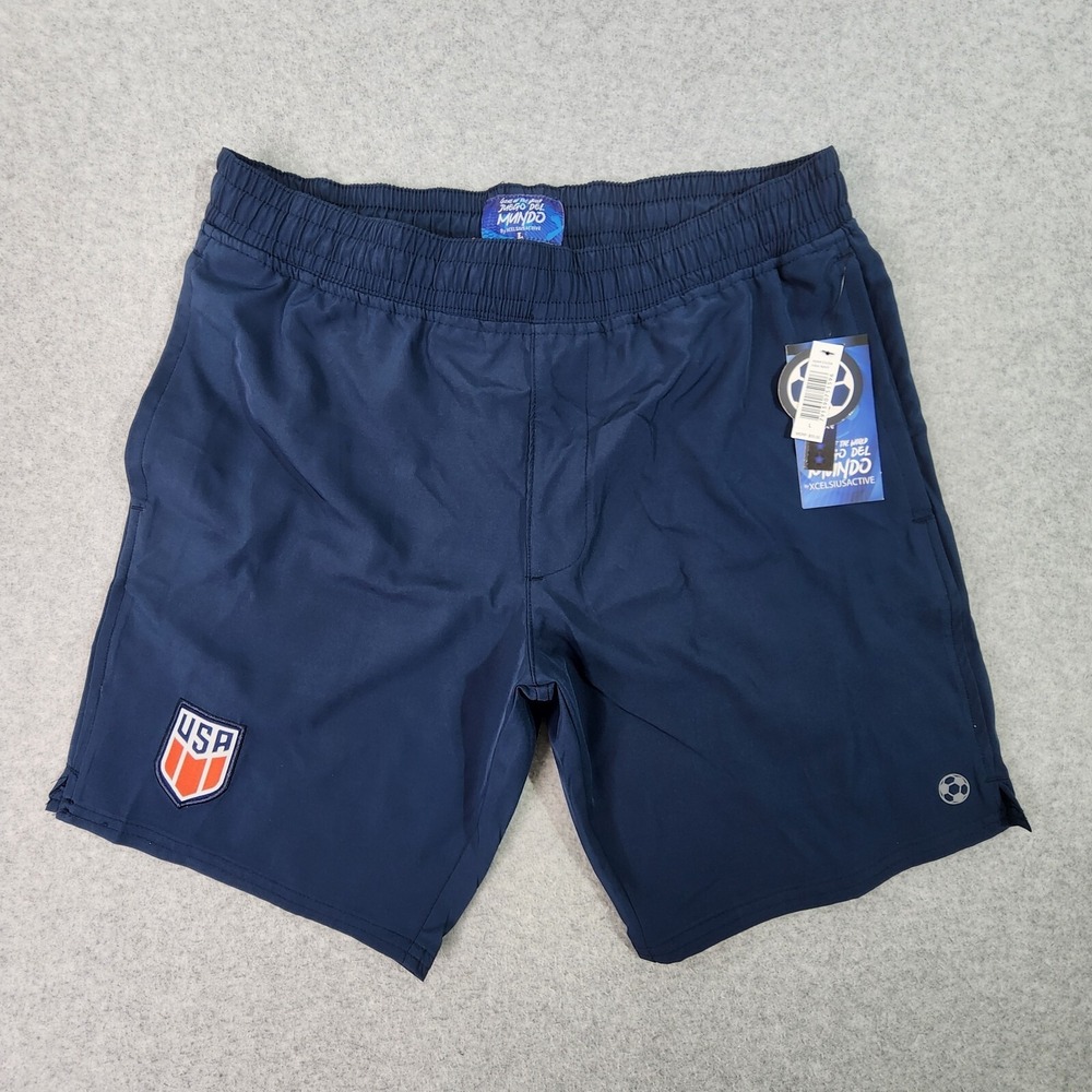 XCELSIUS Active‎ USA Soccer Training Shorts Mens L 32x8 Blue Drawstring Pockets